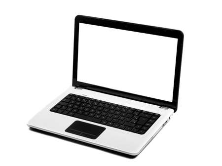 A white notebook with black keyboard and touchpad isolated on a white background with copy space in the screen.の写真素材