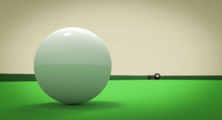 A white ball in the center of a pool table and the 8 ball near the left corner pocket 