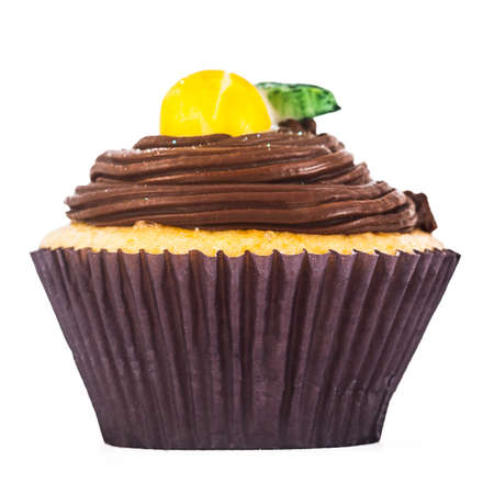 A gorgeous and delicious chocolate and lemon cupcake isolated on a white background.の写真素材