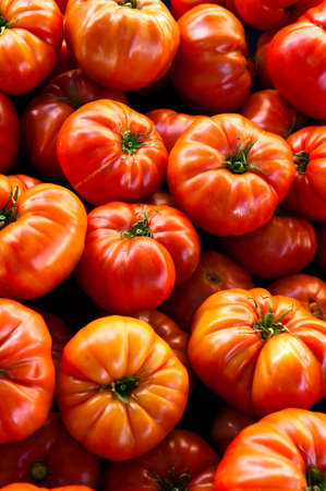 Pile of ripe red organic heirloom tomatoes in a farmers' marketの写真素材
