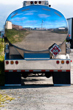 Polished chrome tank of a gasoline tanker truckの写真素材