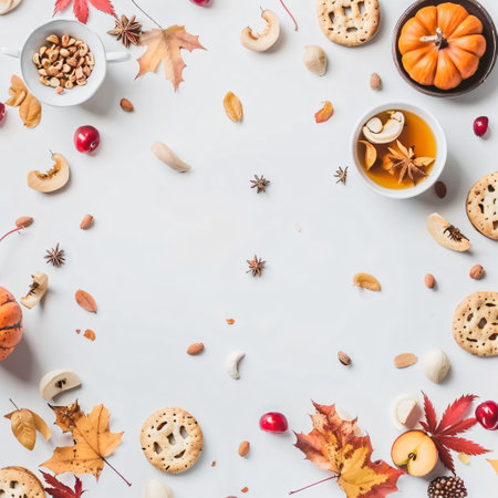 Autumn composition. Cup of tea, cookies and autumn leaves on white background. Flat lay, top view,...