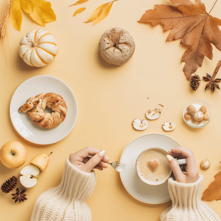 Autumn composition. Female hands in sweater holding cup of coffee, autumn leaves, croissants,...
