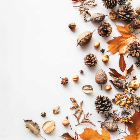 Autumn composition. Dry leaves, acorns, pine cones on white background. Flat lay, top view, copy spaceの写真素材