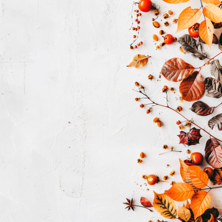 Autumn composition. Dry leaves and berries on white background. Flat lay, top view, copy spaceの写真素材