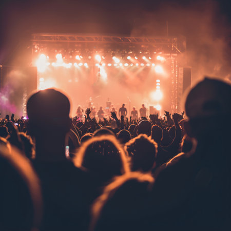 Crowd in front of a bright stage during a live concert.の素材
