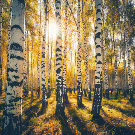 Sunset or sunrise in the birch forest with golden birch trunksの素材