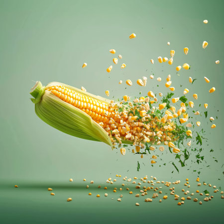 Fresh corn with flying grains on green background. Healthy food concept.の素材