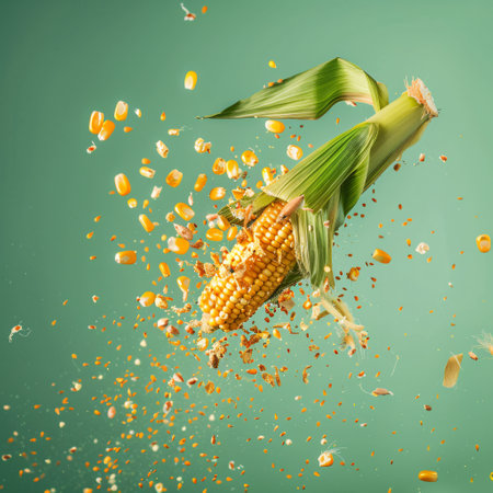Fresh corn falling into the air with flying grains on a green backgroundの素材