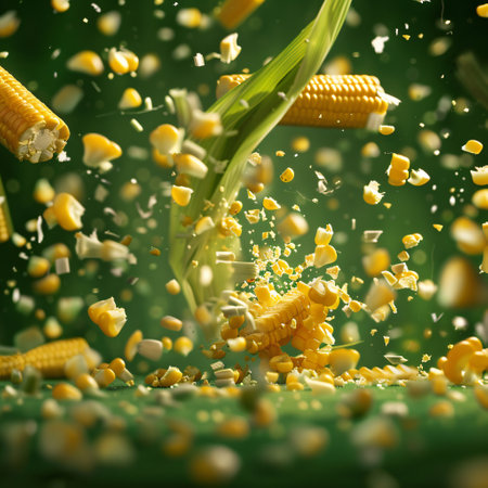 Corn falling in the air. 3d rendering, 3d illustration.の素材