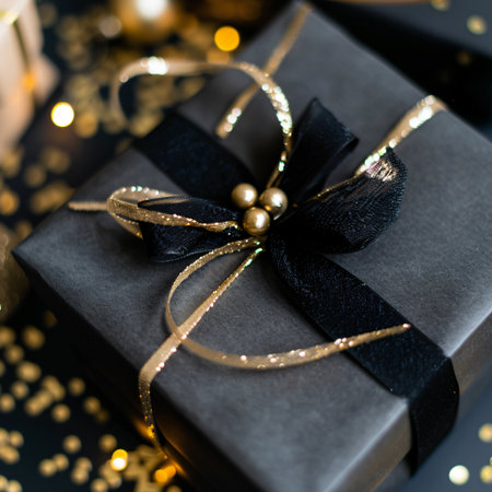 Black gift box with gold ribbon and bow on bokeh backgroundの素材