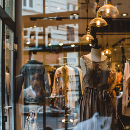 Women's clothes on a mannequin in a store window.の素材
