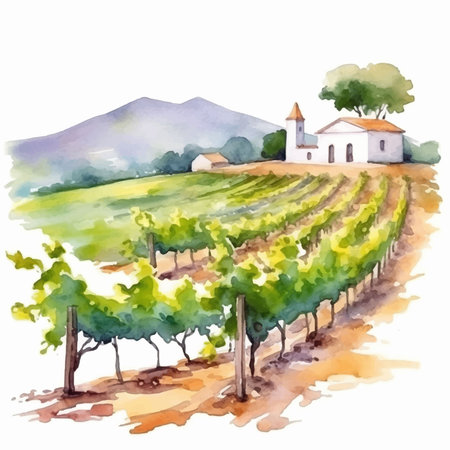 Rural landscape with vineyard and church. Watercolor hand drawn illustrationのイラスト素材