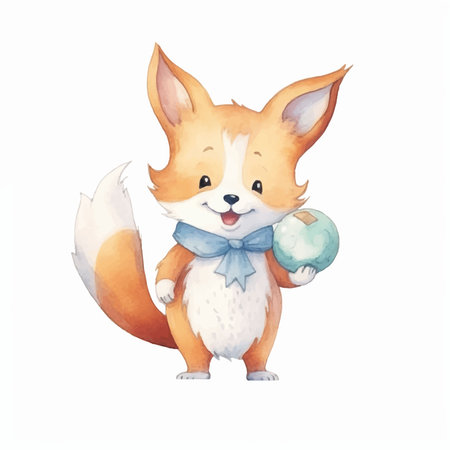 Cute fox with a ball. Watercolor illustration on white background.のイラスト素材