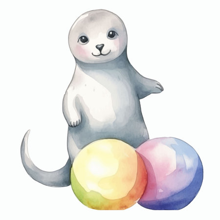 Cute seal with colorful balls, watercolor illustration on white backgroundのイラスト素材
