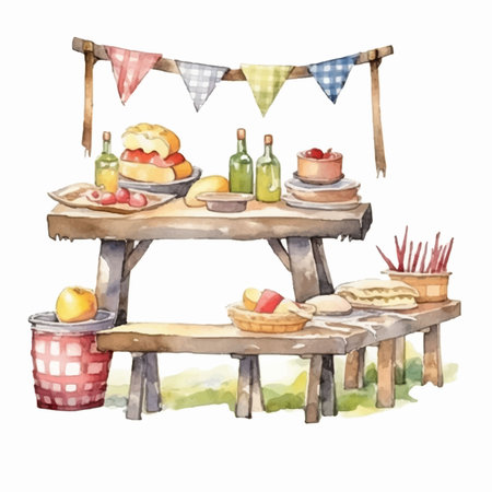 Watercolor picnic table with food. Hand drawn watercolor illustration.のイラスト素材