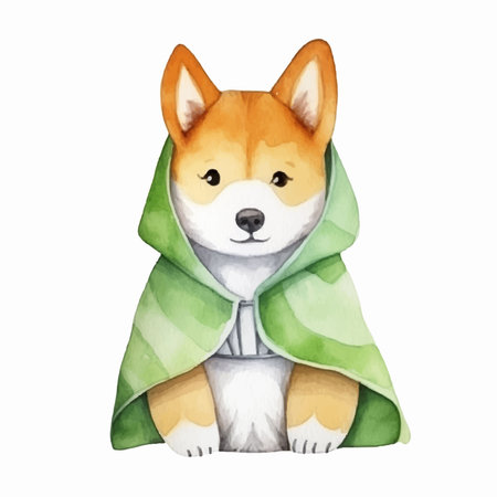 Cute shiba inu dog in a green raincoat. Watercolor illustrationのイラスト素材