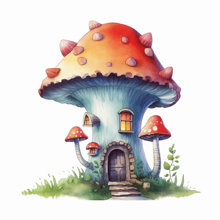 Fantasy mushroom house. Watercolor hand drawn illustration isolated on white backgroundのイラスト素材