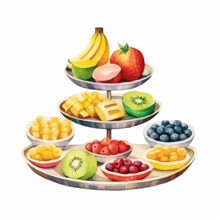 Watercolor fruit pyramid on white background. Watercolor illustration of fruits on a tray.のイラスト素材