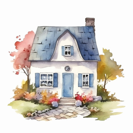Watercolor illustration of a beautiful house on the background of autumn treesのイラスト素材