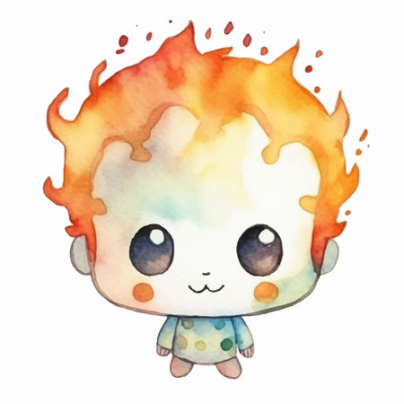Cute watercolor kawaii baby with fire. Vector illustration.のイラスト素材