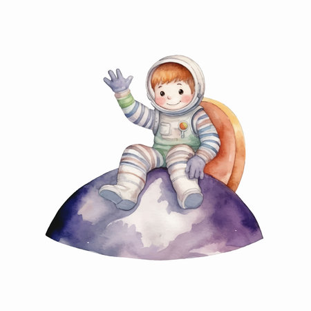 Cute little boy in astronaut costume. Watercolor hand drawn illustrationのイラスト素材