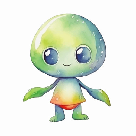 Cute watercolor cartoon green alien isolated on a white background.