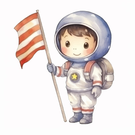 Illustration of a little boy in space suit holding the American flag.のイラスト素材