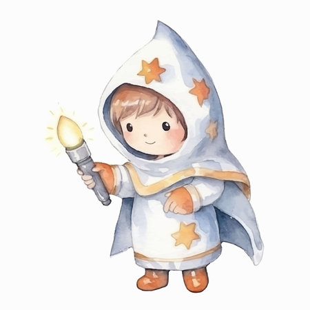 Watercolor illustration of a little boy in a costume of the wizardのイラスト素材