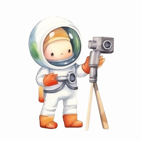 Cute cartoon astronaut with camera on white background. Watercolor illustrationのイラスト素材