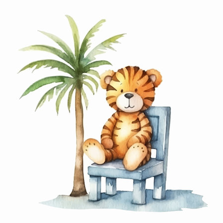 Watercolor illustration of a cute tiger sitting on a chair with palm treeのイラスト素材