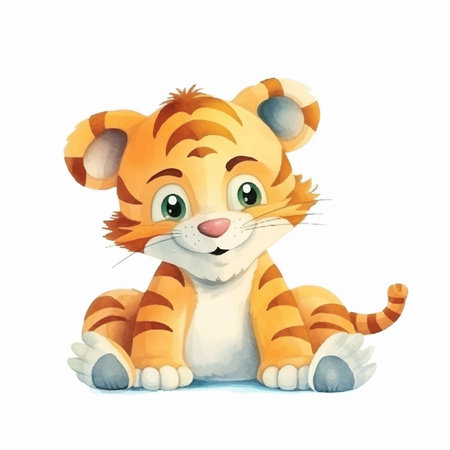 Cute cartoon tiger isolated on white background. Watercolor illustration.のイラスト素材