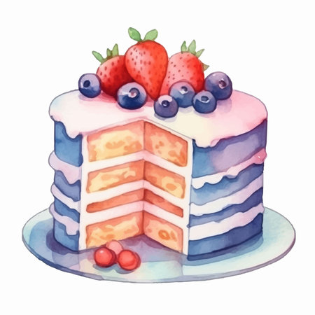 Watercolor illustration of a cake with blueberries and strawberries on a white background