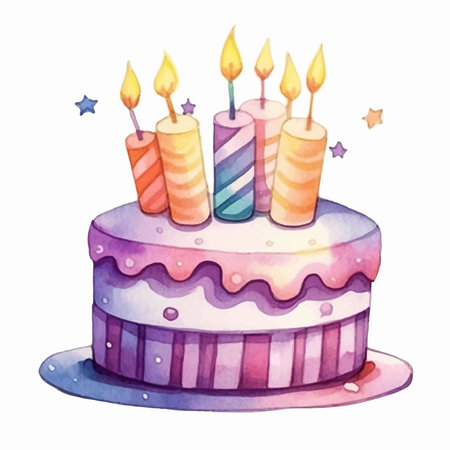 Watercolor birthday cake with candles isolated on white background. Vector illustration.のイラスト素材