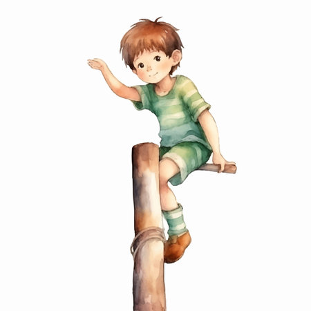 cartoon scene with boy on bamboo isolated on white background - illustration for childrenのイラスト素材