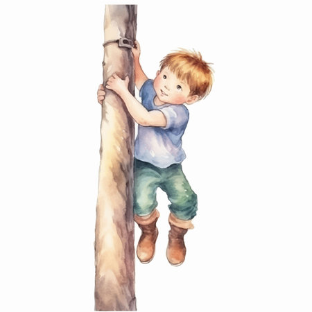 Cute little boy climbing on a tree. Watercolor illustration.のイラスト素材