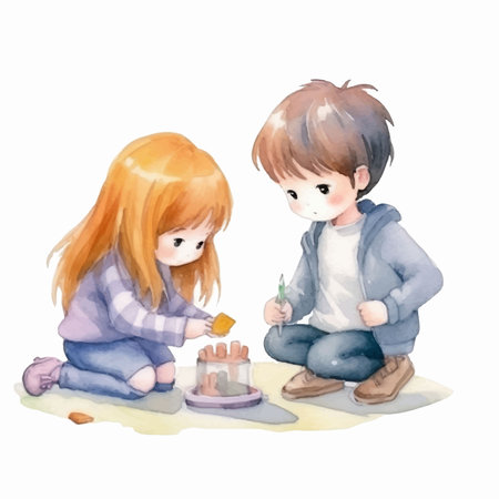 Watercolor illustration of a boy and girl playing with a cake.のイラスト素材