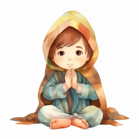 Illustration of a little girl in a pajamas praying.のイラスト素材