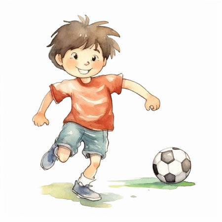 Cartoon boy playing football. Isolated on a white background.のイラスト素材
