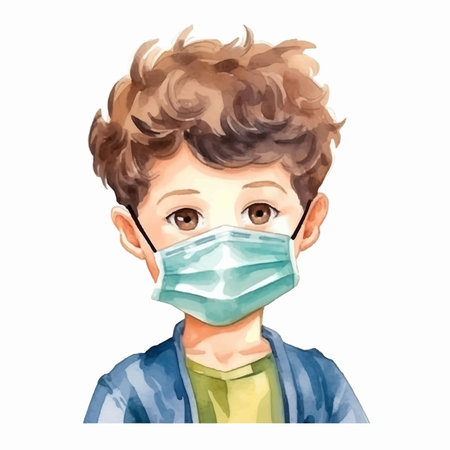 Boy in medical mask. Watercolor illustration isolated on white background.のイラスト素材