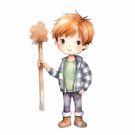 Illustration of a Cute Little Boy Holding a Stick on White Backgroundのイラスト素材