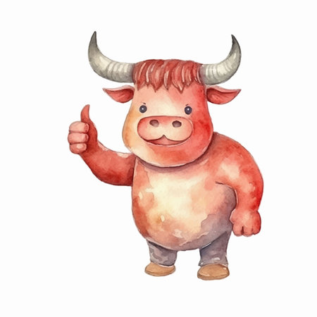 Watercolor bull isolated on white background. Cute cartoon bull.のイラスト素材