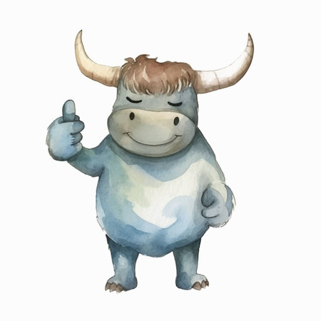 Watercolor illustration of a cute cartoon bull. Isolated on white background.のイラスト素材