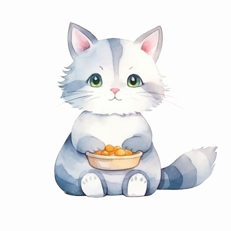 Illustration of a cat with a bowl of food on a white backgroundのイラスト素材