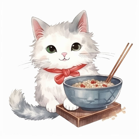 Illustration of a white cat with a bowl of oatmeal and a wooden spoonのイラスト素材