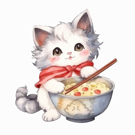 Cute cat with bowl of porridge. Watercolor illustration.のイラスト素材