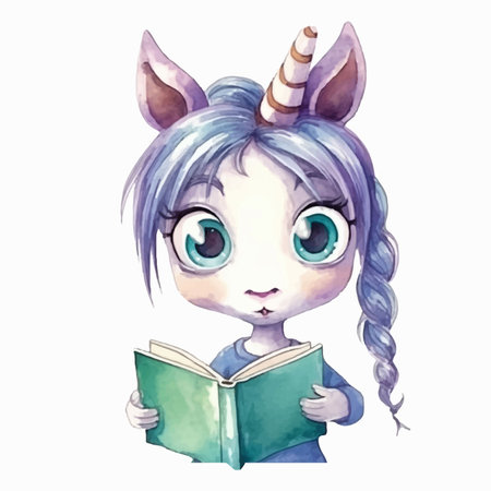 Cute cartoon unicorn with book. Hand drawn watercolor illustration.のイラスト素材