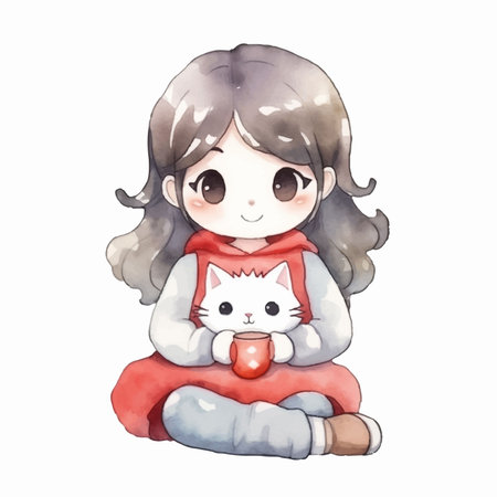 Cute little girl with cat. Hand drawn watercolor illustration.のイラスト素材