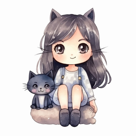 cute cartoon girl with cat on white background - illustration for childrenのイラスト素材