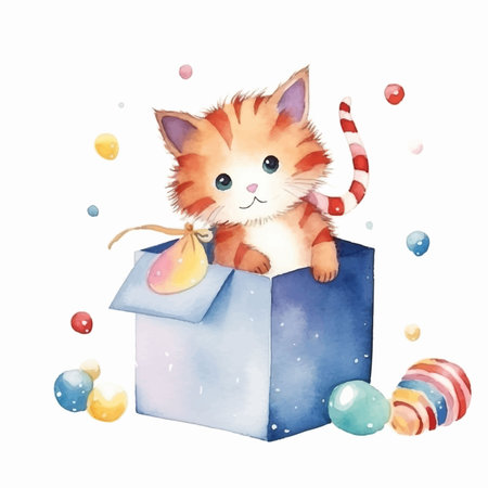 Cute ginger kitten in a gift box. Watercolor illustration.のイラスト素材